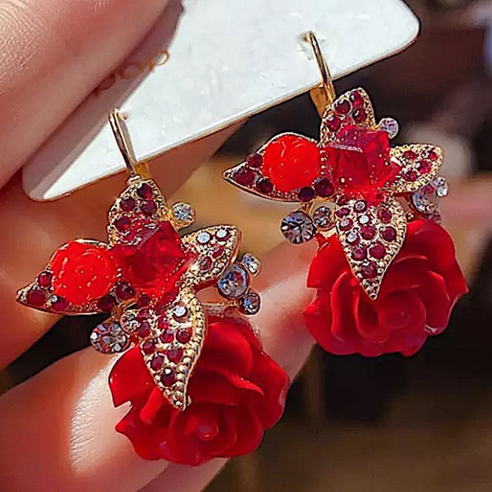 Rhinestone Rose Drop Flower Earrings - Picture 7 of 8